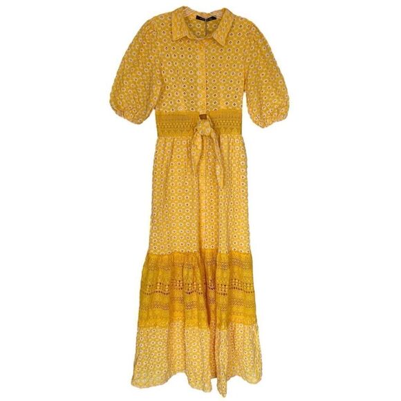 Yellow Embroidered Eyelet Lined Lace Cutout Button Up Maxi Dress NWT Size Small - Picture 1 of 6